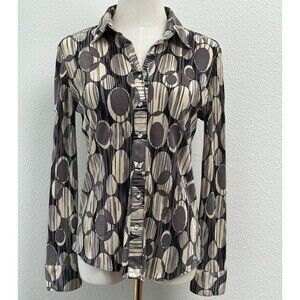 Coupe Collection Geometric Pleated Button Up Blouse L Gray Retro Mod Y2K Cyber